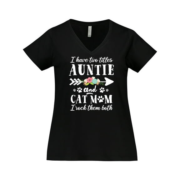 Inktastic I Have 2 Titles Auntie and Cat Mom I Rock Them Both Women's Plus Size V-Neck T-Shirt