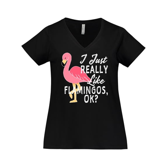 Inktastic I Just Really Like Flamingos Ok with Pink Flamingo Women's Plus Size V-Neck T-Shirt