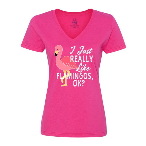 Inktastic I Just Really Like Flamingos Ok with Pink Flamingo Women's V-Neck T-Shirt