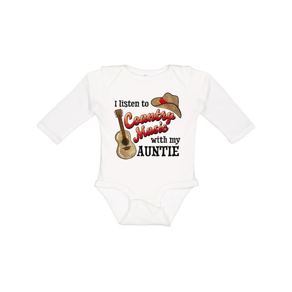 Inktastic I Listen to Country Music with my Auntie Guitar and Hat Boys or Girls Long Sleeve Baby Bodysuit