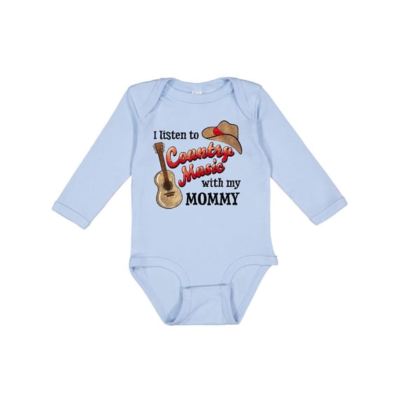 Inktastic I Listen to Country Music with my Mommy with Guitar and Hat Boys or Girls Long Sleeve Baby Bodysuit