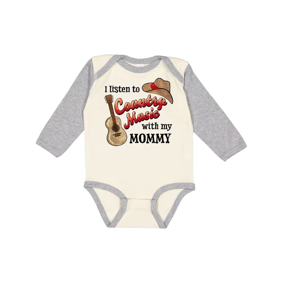 Inktastic I Listen to Country Music with my Mommy with Guitar and Hat Boys or Girls Long Sleeve Baby Bodysuit