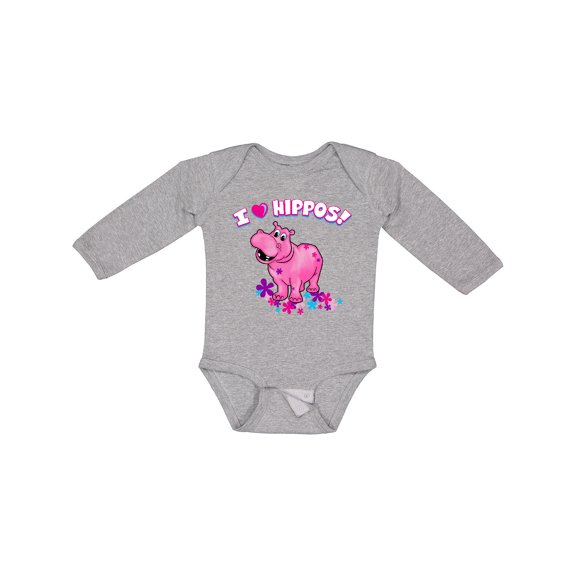 Inktastic I Love Hippos with Pink Hippo and Flowers Boys or Girls Long Sleeve Baby Bodysuit