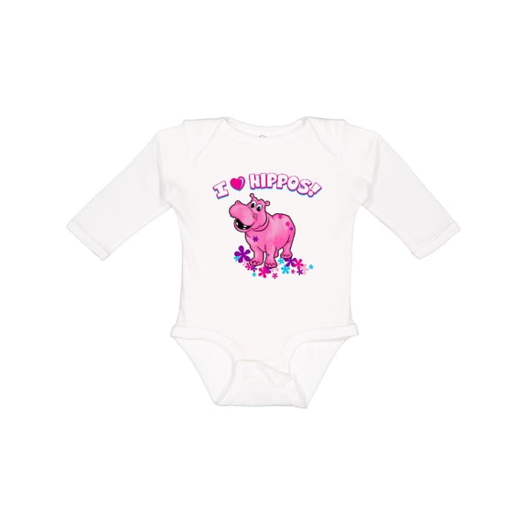 Inktastic I Love Hippos with Pink Hippo and Flowers Boys or Girls Long Sleeve Baby Bodysuit