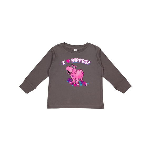 Inktastic I Love Hippos with Pink Hippo and Flowers Boys or Girls Long Sleeve Toddler T-Shirt