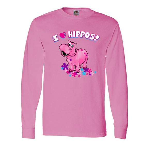 Inktastic I Love Hippos with Pink Hippo and Flowers Long Sleeve T-Shirt