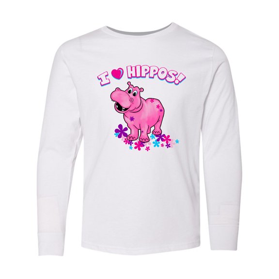 Inktastic I Love Hippos with Pink Hippo and Flowers Long Sleeve Youth T-Shirt