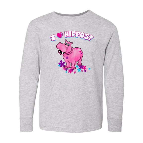 Inktastic I Love Hippos with Pink Hippo and Flowers Long Sleeve Youth T-Shirt