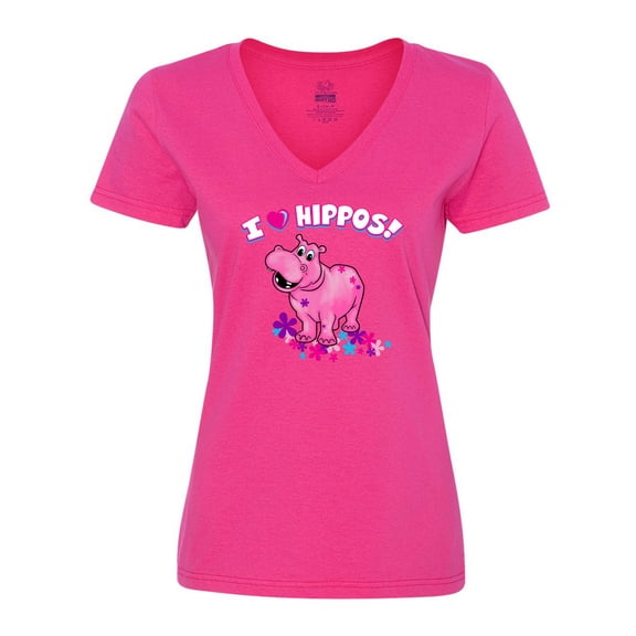 Inktastic I Love Hippos with Pink Hippo and Flowers Women's V-Neck T-Shirt