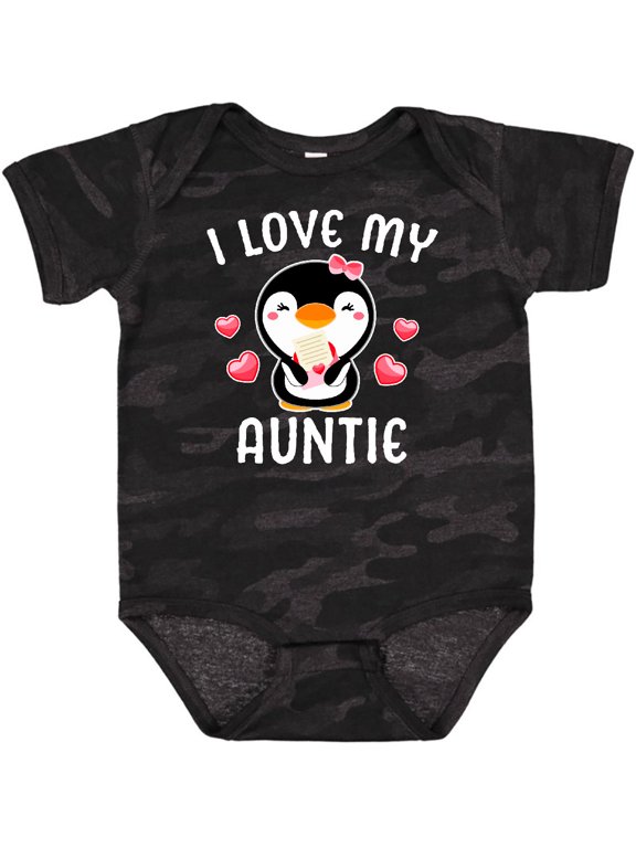 I Love My Auntie with Cute Penguin and Hearts Girls Baby Bodysuit