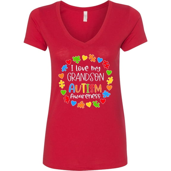 Inktastic I Love My Grandson Autism Awareness Women's V-Neck T-Shirt