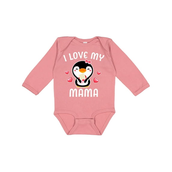 Inktastic I Love My Mama with Cute Penguin and Hearts Girls Long Sleeve Baby Bodysuit