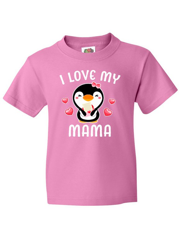 I Love My Mama with Cute Penguin and Hearts Youth T-Shirt