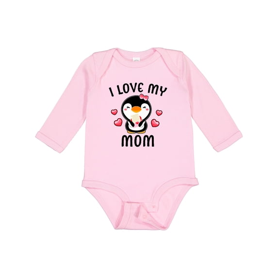 Inktastic I Love My Mom with Cute Penguin and Hearts Girls Long Sleeve Baby Bodysuit