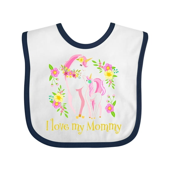 Inktastic I Love My Mommy Unicorn with Pink and Yellow Flowers Boys or Girls Baby Bib
