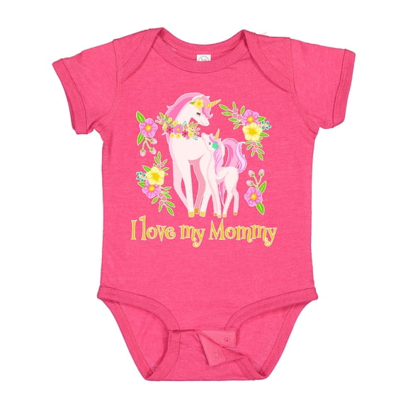 Inktastic I Love My Mommy Unicorn with Pink and Yellow Flowers Boys or Girls Baby Bodysuit