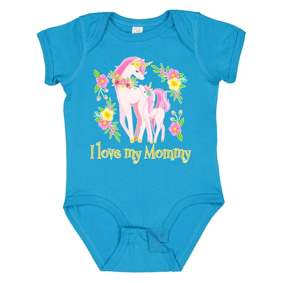 Inktastic I Love My Mommy Unicorn with Pink and Yellow Flowers Boys or Girls Baby Bodysuit