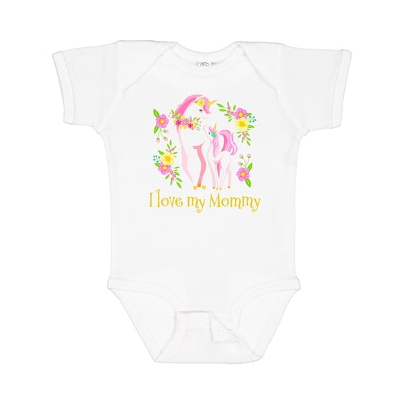 Inktastic I Love My Mommy Unicorn with Pink and Yellow Flowers Boys or Girls Baby Bodysuit