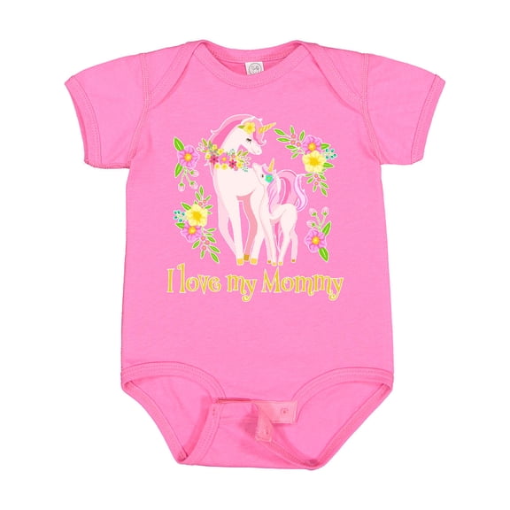 Inktastic I Love My Mommy Unicorn with Pink and Yellow Flowers Boys or Girls Baby Bodysuit