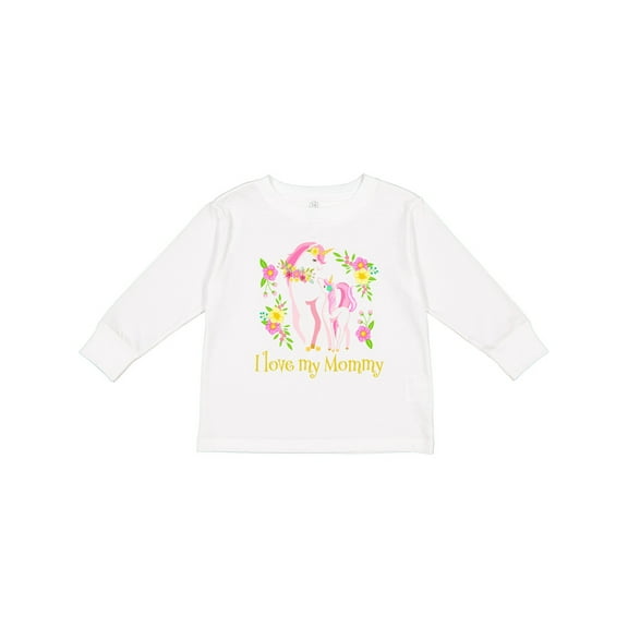 Inktastic I Love My Mommy Unicorn with Pink and Yellow Flowers Boys or Girls Long Sleeve Toddler T-Shirt