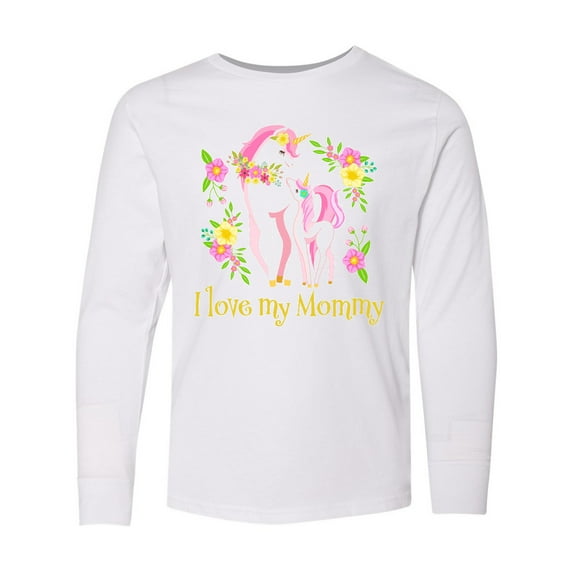 Inktastic I Love My Mommy Unicorn with Pink and Yellow Flowers Long Sleeve Youth T-Shirt