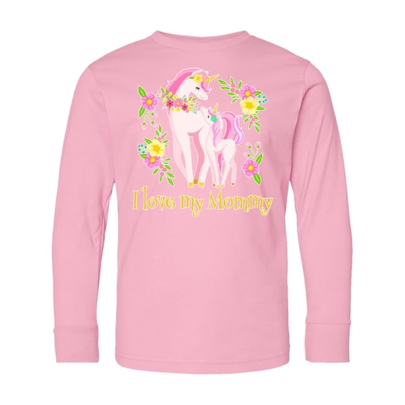 Inktastic I Love My Mommy Unicorn with Pink and Yellow Flowers Long Sleeve Youth T-Shirt