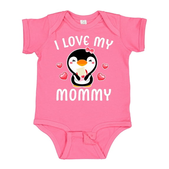 Inktastic I Love My Mommy with Cute Penguin and Hearts Girls Baby Bodysuit