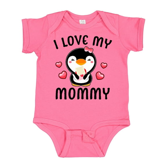Inktastic I Love My Mommy with Cute Penguin and Hearts Girls Baby Bodysuit