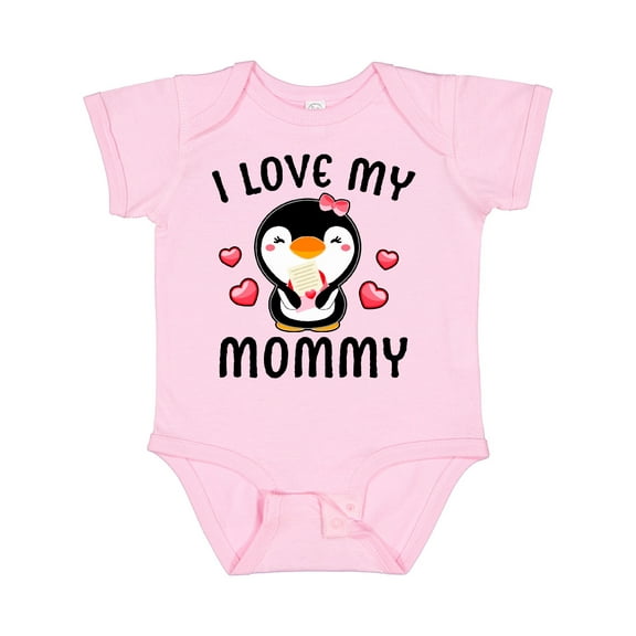 Inktastic I Love My Mommy with Cute Penguin and Hearts Girls Baby Bodysuit