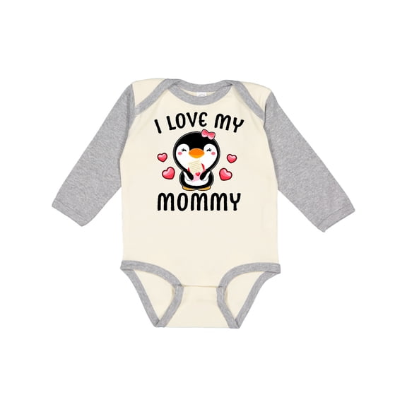 Inktastic I Love My Mommy with Cute Penguin and Hearts Girls Long Sleeve Baby Bodysuit