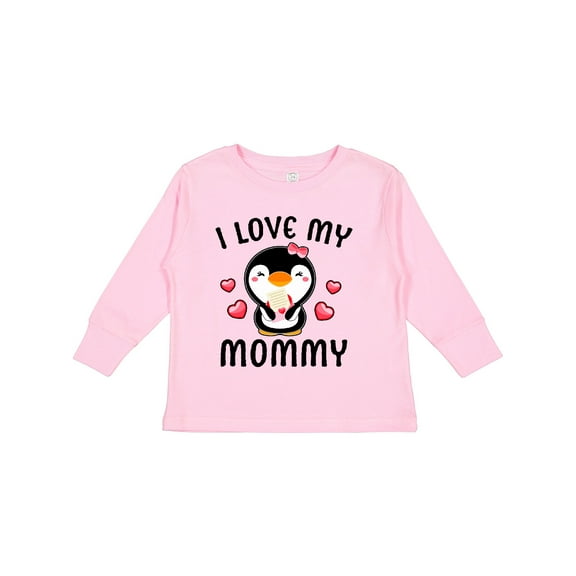 Inktastic I Love My Mommy with Cute Penguin and Hearts Girls Long Sleeve Toddler T-Shirt