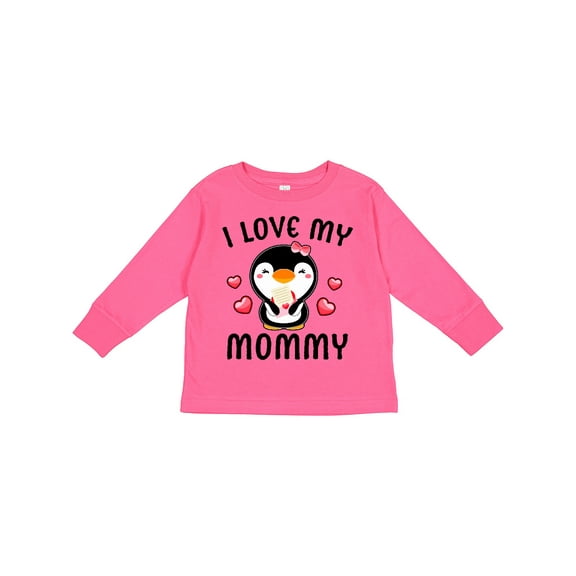Inktastic I Love My Mommy with Cute Penguin and Hearts Girls Long Sleeve Toddler T-Shirt