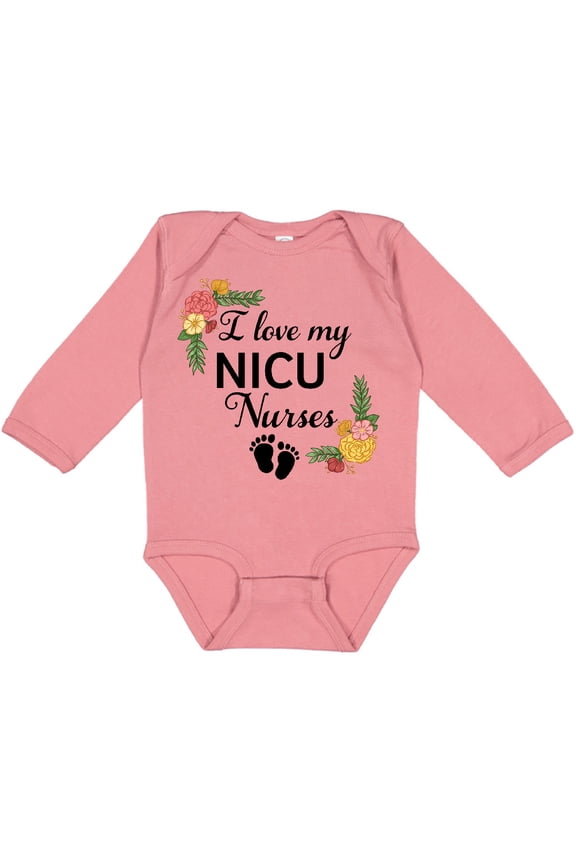 I Love My Nicu Nurses with Baby Footprints and Flowers Boys or Girls Long Sleeve Baby Bodysuit