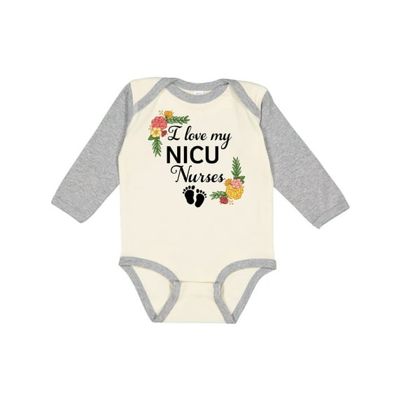Inktastic I Love My Nicu Nurses with Baby Footprints and Flowers Boys or Girls Long Sleeve Baby Bodysuit