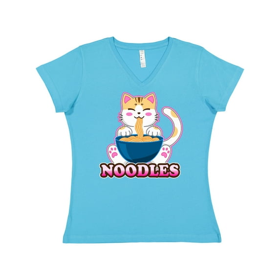Inktastic I Love Noodles with Cat Illustration Women's V-Neck T-Shirt