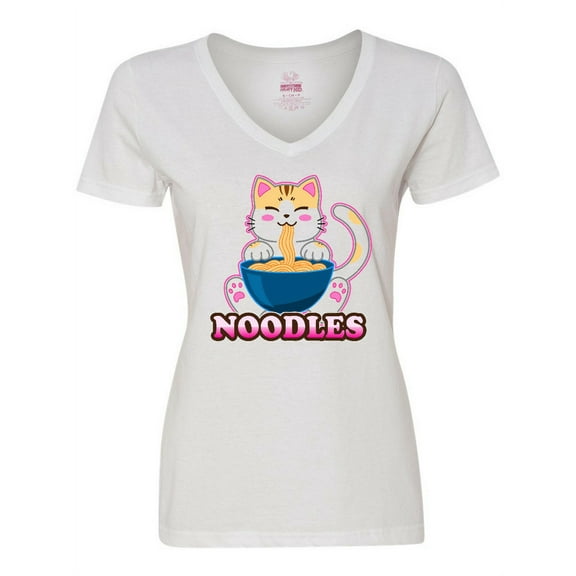 Inktastic I Love Noodles with Cat Illustration Women's V-Neck T-Shirt