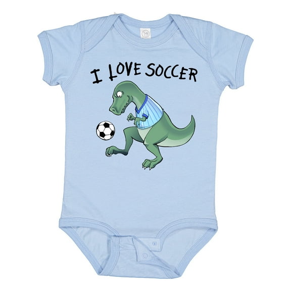 Inktastic I Love Soccer-Dinosaur in Blue Boys or Girls Baby Bodysuit