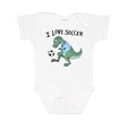 thumbnail image 1 of Inktastic I Love Soccer-Dinosaur in Blue Boys or Girls Baby Bodysuit, 1 of 5