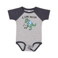 thumbnail image 1 of Inktastic I Love Soccer-Dinosaur in Blue Boys or Girls Baby Bodysuit, 1 of 5
