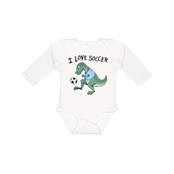 Inktastic I Love Soccer-Dinosaur in Blue Boys or Girls Long Sleeve Baby Bodysuit