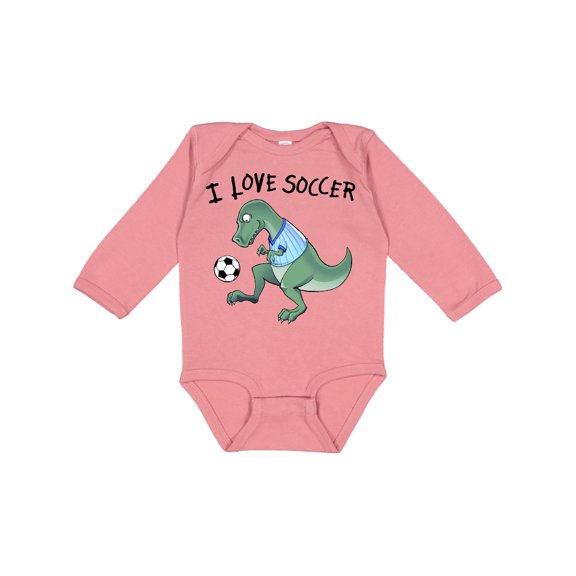 Inktastic I Love Soccer-Dinosaur in Blue Boys or Girls Long Sleeve Baby Bodysuit