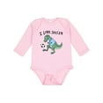 thumbnail image 1 of Inktastic I Love Soccer-Dinosaur in Blue Boys or Girls Long Sleeve Baby Bodysuit, 1 of 5
