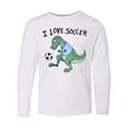 thumbnail image 1 of Inktastic I Love Soccer-Dinosaur in Blue Long Sleeve Youth T-Shirt, 1 of 5