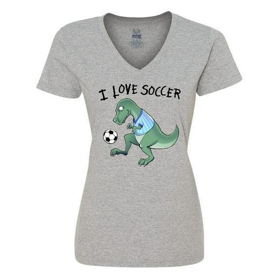 Inktastic I Love Soccer-Dinosaur in Blue Women's V-Neck T-Shirt