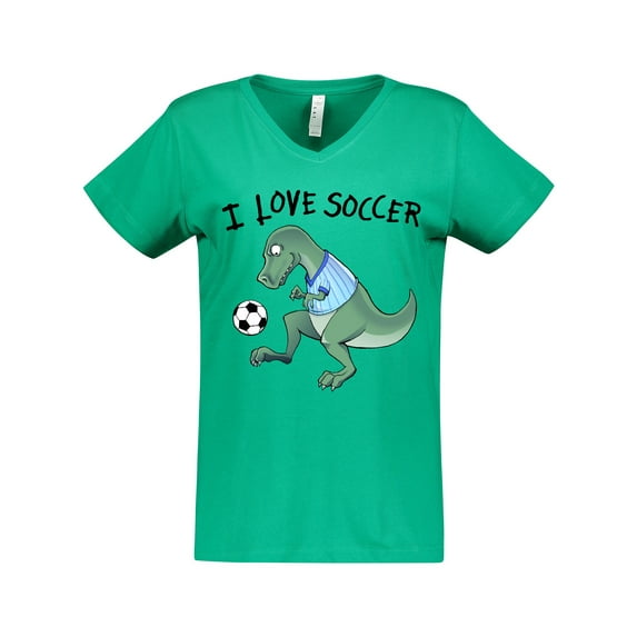 Inktastic I Love Soccer-Dinosaur in Blue Women's V-Neck T-Shirt