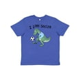 thumbnail image 1 of Inktastic I Love Soccer-dinosaur in Blue Youth T-Shirt, 1 of 5