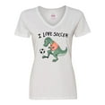 thumbnail image 1 of Inktastic I Love Soccer-Dinosaur in Orange Women's V-Neck T-Shirt, 1 of 5
