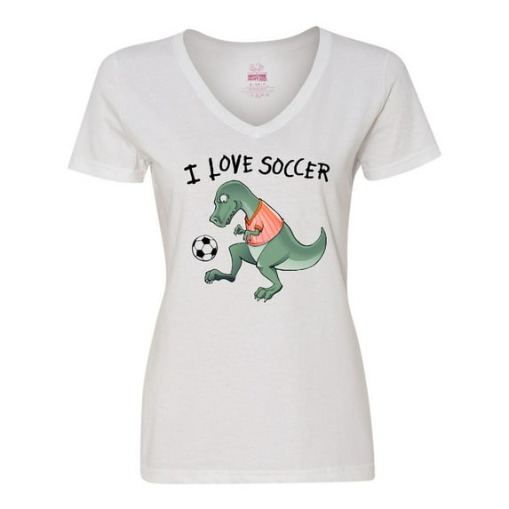 Inktastic I Love Soccer-Dinosaur in Orange Women's V-Neck T-Shirt