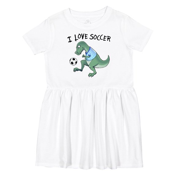Inktastic I Love Soccer-dinosaur in Blue Girls Toddler Dress