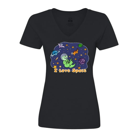 Inktastic I Love Space Cute Dinos and Planets Women's V-Neck T-Shirt
